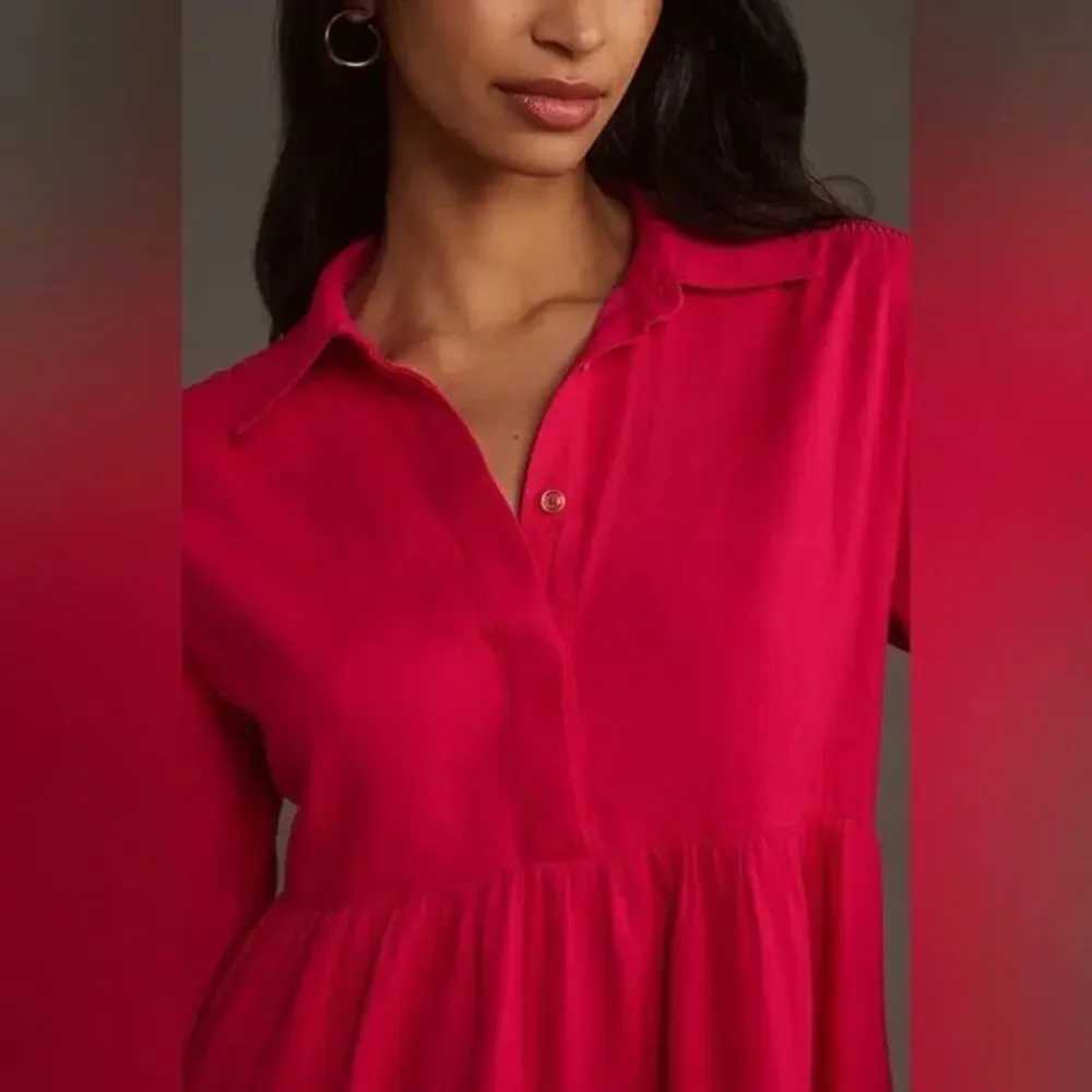 Anthropologie Maeve Bettina Tiered Mini Shirt Dress Linen Women's 1X Hot Pink - Picture 16 of 16